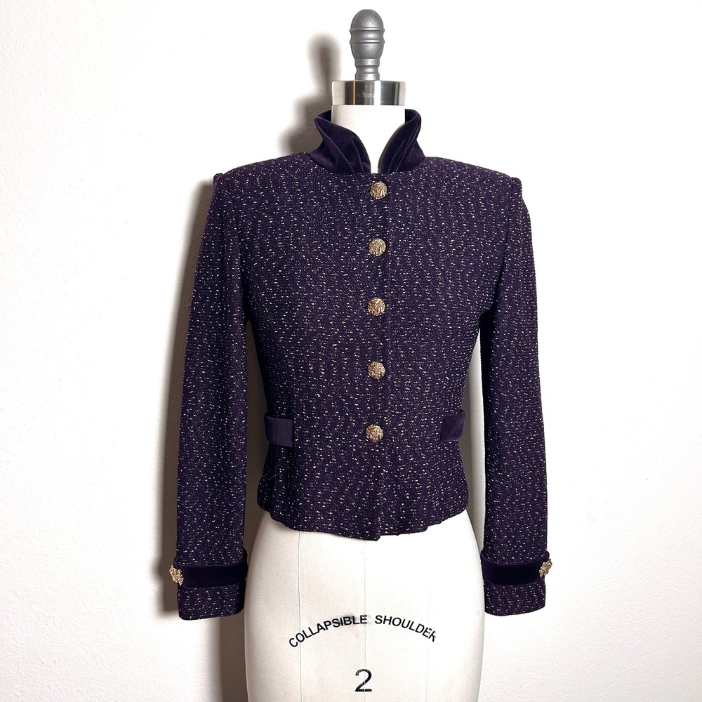 St John Purple Wool Gold Metallic Velvet Trim Blazer Jacket Women Size 2 Vintage